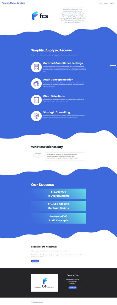 Forensic Claims Solutions full site "Home" page screenshot