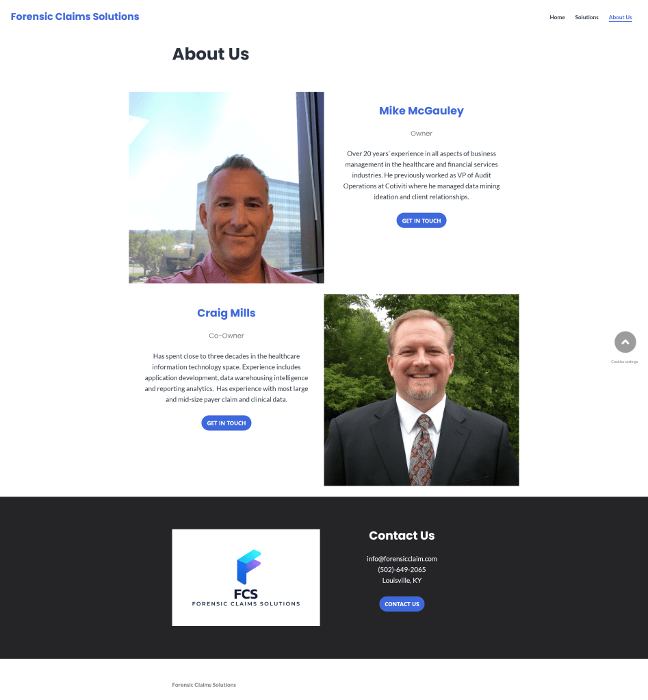 Forensic Claims Solutions full site "About Us" page screenshot