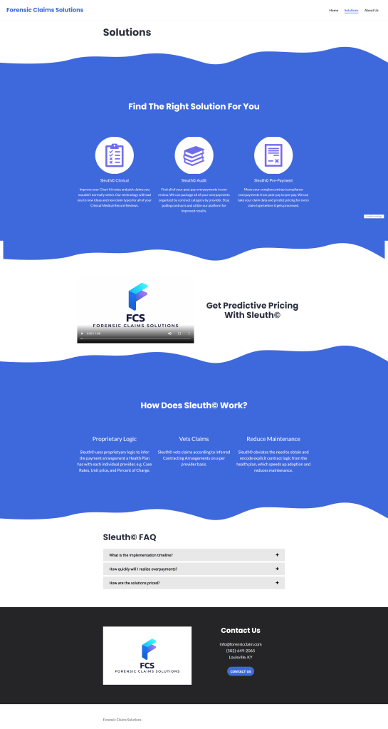 Forensic Claims Solutions full site "Solutions" page screenshot